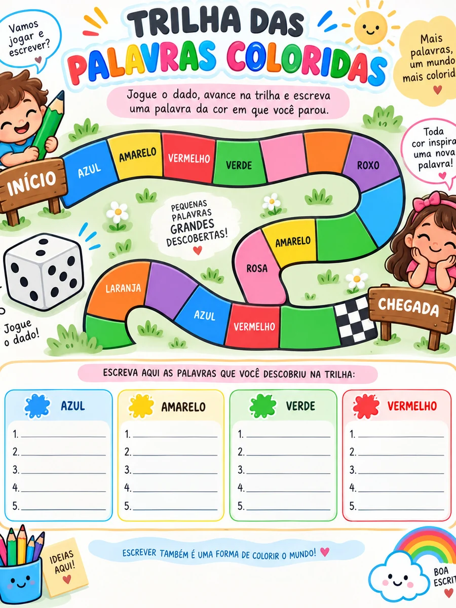 Trilha das palavras coloridas: escrever uma palavra a cada casa